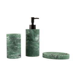 Kit de banheiro decorativo na cor verde confeccionado em aço inox cromado de alta resistência à umidade com dosador prático que evita desperdícios, perfeita para manter os itens de cuidados pessoais organizados com muito bom gosto.