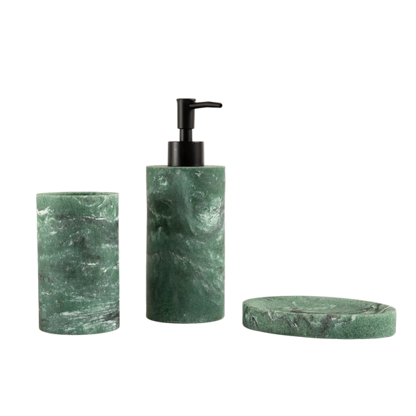 Kit de banheiro decorativo na cor verde confeccionado em aço inox cromado de alta resistência à umidade com dosador prático que evita desperdícios, perfeita para manter os itens de cuidados pessoais organizados com muito bom gosto.