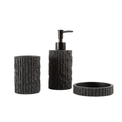 Kit de banheiro decorativo na cor preta confeccionado em aço inox cromado de alta resistência à umidade com dosador prático que evita desperdícios, ideal para organizar a bancada do lavabo com elegância, higiene e sofisticação.