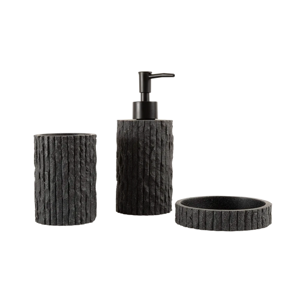 Kit de banheiro decorativo na cor preta confeccionado em aço inox cromado de alta resistência à umidade com dosador prático que evita desperdícios, ideal para organizar a bancada do lavabo com elegância, higiene e sofisticação.