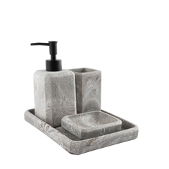 Kit de banheiro decorativo na cor cinza confeccionado em aço inox cromado de alta resistência à umidade com dosador prático que evita desperdícios, peça indispensável que une o design moderno à praticidade necessária para o dia a dia.