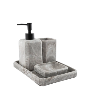 Kit de banheiro decorativo na cor cinza confeccionado em aço inox cromado de alta resistência à umidade com dosador prático que evita desperdícios, peça indispensável que une o design moderno à praticidade necessária para o dia a dia.