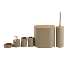 Kit de banheiro decorativo com detalhes em bambu confeccionado em aço inox cromado de alta resistência à umidade com design funcional que otimiza o espaço da bancada, perfeita para manter os itens de cuidados pessoais organizados com muito bom gosto.