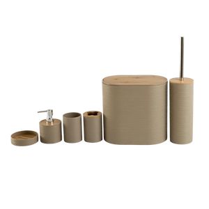 Kit de banheiro decorativo com detalhes em bambu confeccionado em aço inox cromado de alta resistência à umidade com design funcional que otimiza o espaço da bancada, perfeita para manter os itens de cuidados pessoais organizados com muito bom gosto.