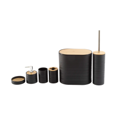 Kit de banheiro decorativo com detalhes em bambu confeccionado em aço inox cromado de alta resistência à umidade com design funcional que otimiza o espaço da bancada, perfeita para manter os itens de cuidados pessoais organizados com muito bom gosto.