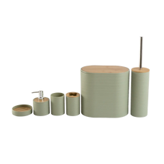 Kit de banheiro decorativo com detalhes em bambu confeccionado em aço inox cromado de alta resistência à umidade com design funcional que otimiza o espaço da bancada, solução charmosa para renovar o ambiente e criar uma atmosfera acolhedora e organizada.