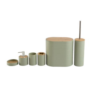 Kit de banheiro decorativo com detalhes em bambu confeccionado em aço inox cromado de alta resistência à umidade com design funcional que otimiza o espaço da bancada, solução charmosa para renovar o ambiente e criar uma atmosfera acolhedora e organizada.
