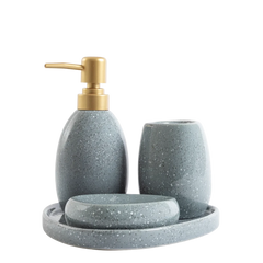 Kit de banheiro decorativo na cor azul produzido em cerâmica refinada com superfície esmaltada e fácil higienização com dosador prático que evita desperdícios, ideal para organizar a bancada do lavabo com elegância, higiene e sofisticação.