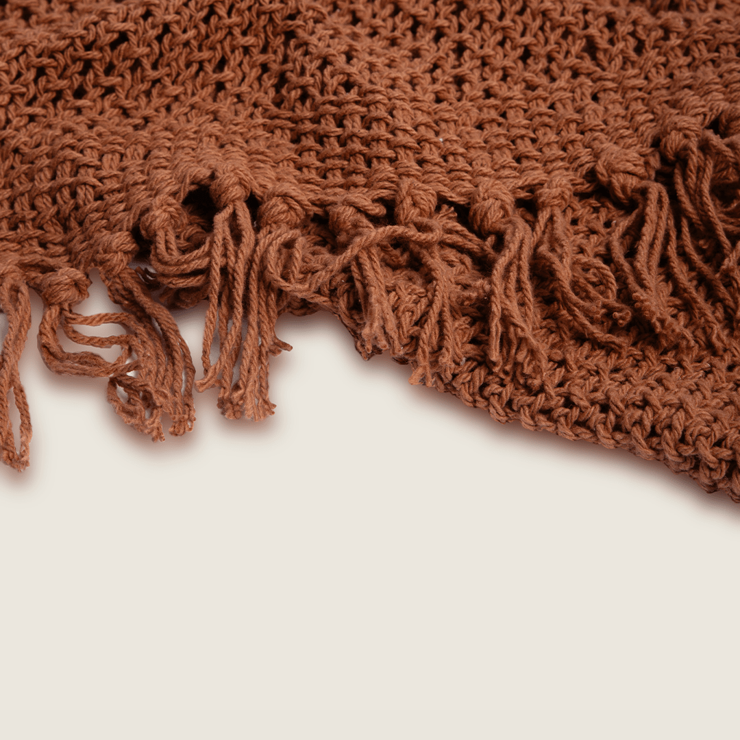 Manta de Algodão em Tricô e Franjas Terracota 130x170 - Clocasa | Além do Conforto