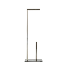 Suporte porta-papel higiênico em acabamento inox confeccionado em aço inox cromado de alta resistência à umidade com base firme de piso que dispensa furações na parede, perfeita para manter os itens de cuidados pessoais organizados com muito bom gosto.