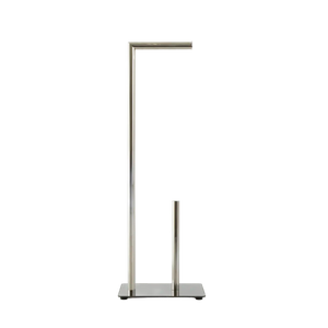 Suporte porta-papel higiênico em acabamento inox confeccionado em aço inox cromado de alta resistência à umidade com base firme de piso que dispensa furações na parede, perfeita para manter os itens de cuidados pessoais organizados com muito bom gosto.