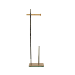 Suporte porta-papel higiênico em acabamento inox desenvolvido em estrutura metálica com detalhes em bambu sustentável com base firme de piso que dispensa furações na parede, ideal para organizar a bancada do lavabo com elegância, higiene e sofisticação.