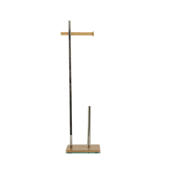 Suporte porta-papel higiênico em acabamento inox desenvolvido em estrutura metálica com detalhes em bambu sustentável com base firme de piso que dispensa furações na parede, ideal para organizar a bancada do lavabo com elegância, higiene e sofisticação.