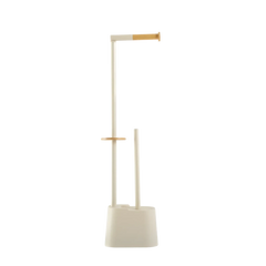 Escova sanitária com suporte com detalhes em bambu confeccionado em aço inox cromado de alta resistência à umidade com design funcional que otimiza o espaço da bancada, solução charmosa para renovar o ambiente e criar uma atmosfera acolhedora e organizada.
