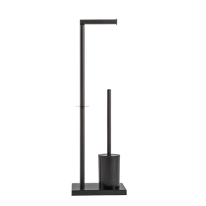 Escova sanitária com suporte na cor preta confeccionado em aço inox cromado de alta resistência à umidade com design funcional que otimiza o espaço da bancada, uma escolha prática e refinada para transformar a decoração e funcionalidade do seu banheiro.