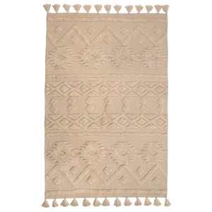 Tapete de algodão decorativo na cor natural confeccionado em puro algodão com texturas e relevos em técnica tufting com costuras e acabamentos reforçados nas bordas, perfeito para delimitar espaços com muito charme e proporcionar conforto térmico ao caminhar.