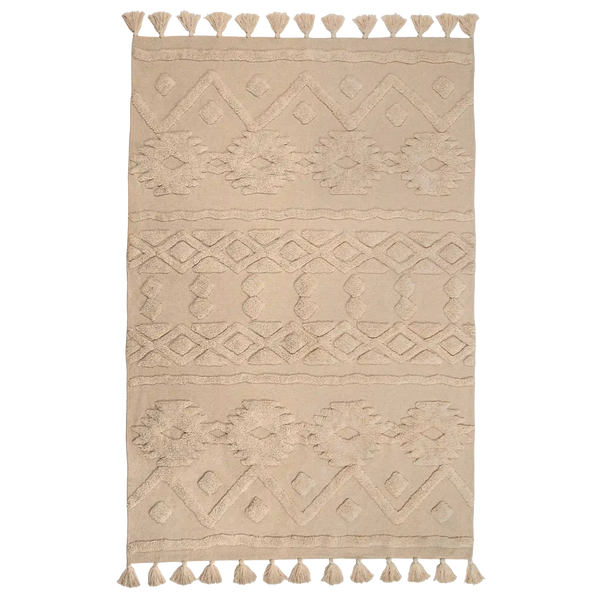 Tapete de algodão decorativo na cor natural confeccionado em puro algodão com texturas e relevos em técnica tufting com costuras e acabamentos reforçados nas bordas, perfeito para delimitar espaços com muito charme e proporcionar conforto térmico ao caminhar.