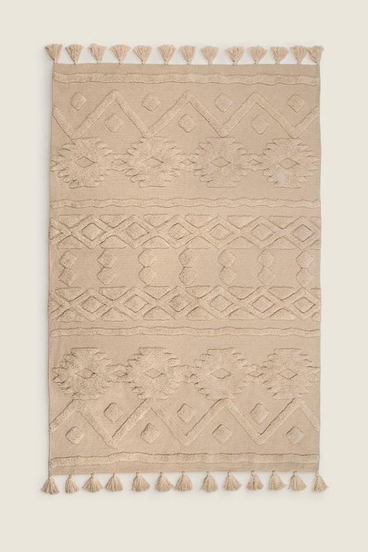 Tapete de Algodão com Alto Relevo Étnico e Tom Natural 120x180 - Clocasa | Além do Conforto