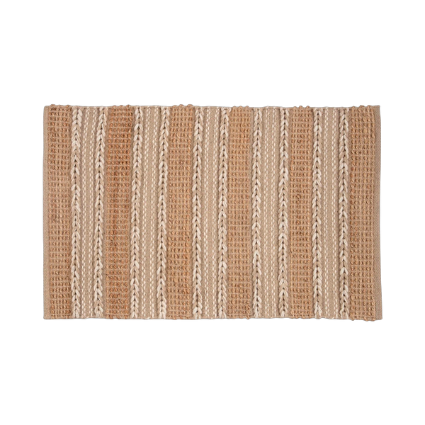 Tapete de algodão decorativo na cor natural confeccionado em puro algodão com texturas e relevos em técnica tufting com costuras e acabamentos reforçados nas bordas, perfeito para delimitar espaços com muito charme e proporcionar conforto térmico ao caminhar.