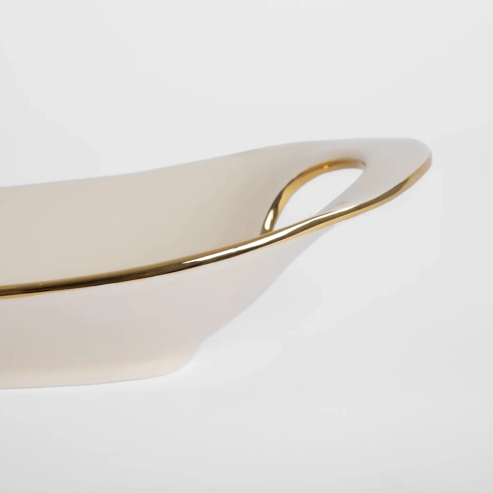 Travessa de Servir Borda Dourada Média Creme e Gold - Clocasa | Além do Conforto