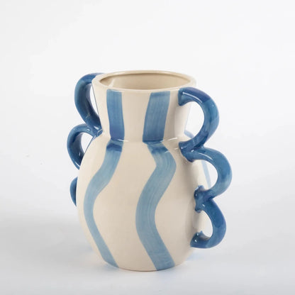 Vaso de Cerâmica Listrado Alças Azul - Clocasa | Além do Conforto