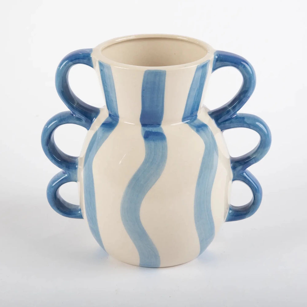 Vaso de Cerâmica Listrado Alças Azul - Clocasa | Além do Conforto
