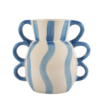 Vaso de Cerâmica Listrado Alças Azul - Clocasa | Além do Conforto